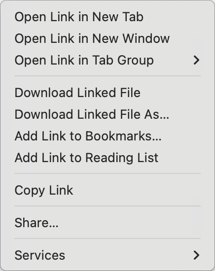 Safaris right click menu for a link